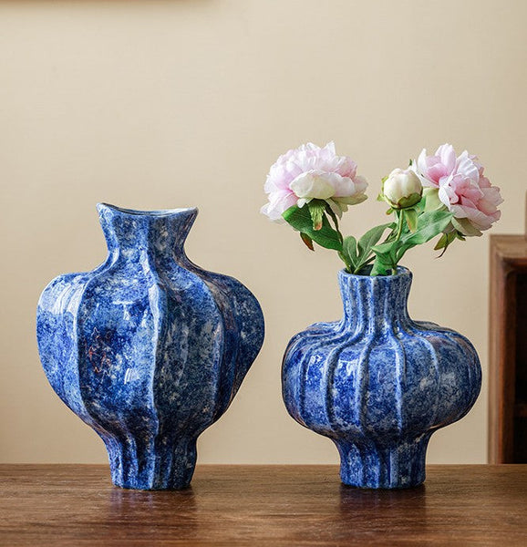 Modern Pottery Flower Vases, Handmade Water Holding Flower Vases, Centerpiece on Dining Table, Blue Ceramic Bud Vases, Tall Flower Vases on Table-ArtWorkCrafts.com