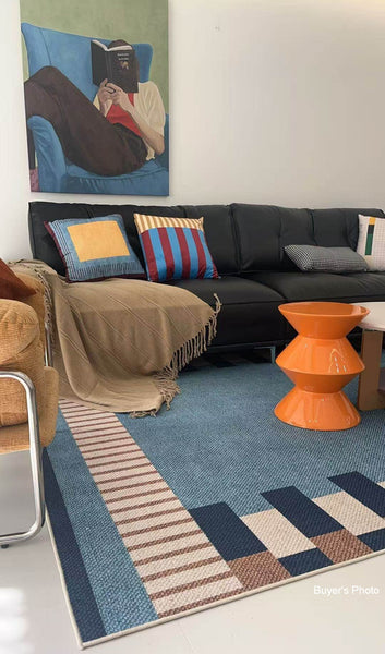 Geometric Modern Area Rugs, Modern Living Room Rug Ideas, Mid Century Contemporary Rugs, Blue Modern Rugs for Dining Room-ArtWorkCrafts.com