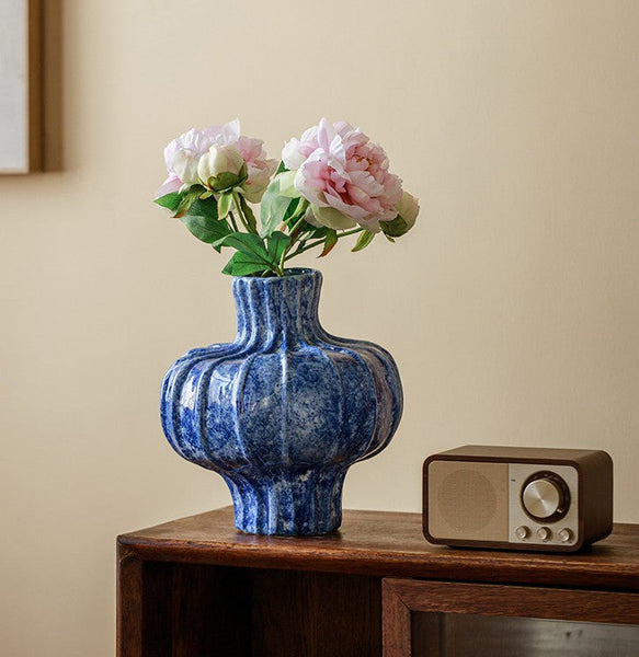 Modern Pottery Flower Vases, Handmade Water Holding Flower Vases, Centerpiece on Dining Table, Blue Ceramic Bud Vases, Tall Flower Vases on Table-ArtWorkCrafts.com