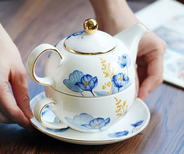 Porcelain Teapot with Matching Cup and Saucer in Gift Box, Ceramic Tea Pot with Integrated Cup, Stackable Teapot and Cup Set, Mother-and-Baby Teapot with Matching Saucer-ArtWorkCrafts.com