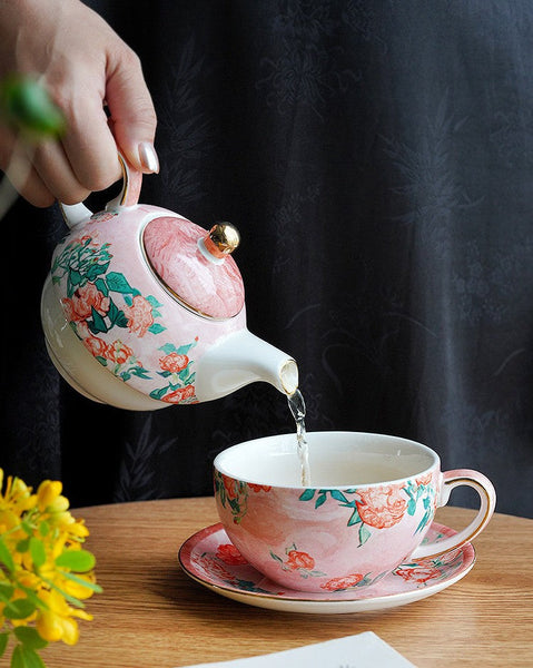 Ceramic Tea Pot with Integrated Cup, Mother-and-Baby Teapot with Matching Saucer, Vintage Style Stackable Tea Pot Set, English Style Tea Pot and Cup Set-ArtWorkCrafts.com