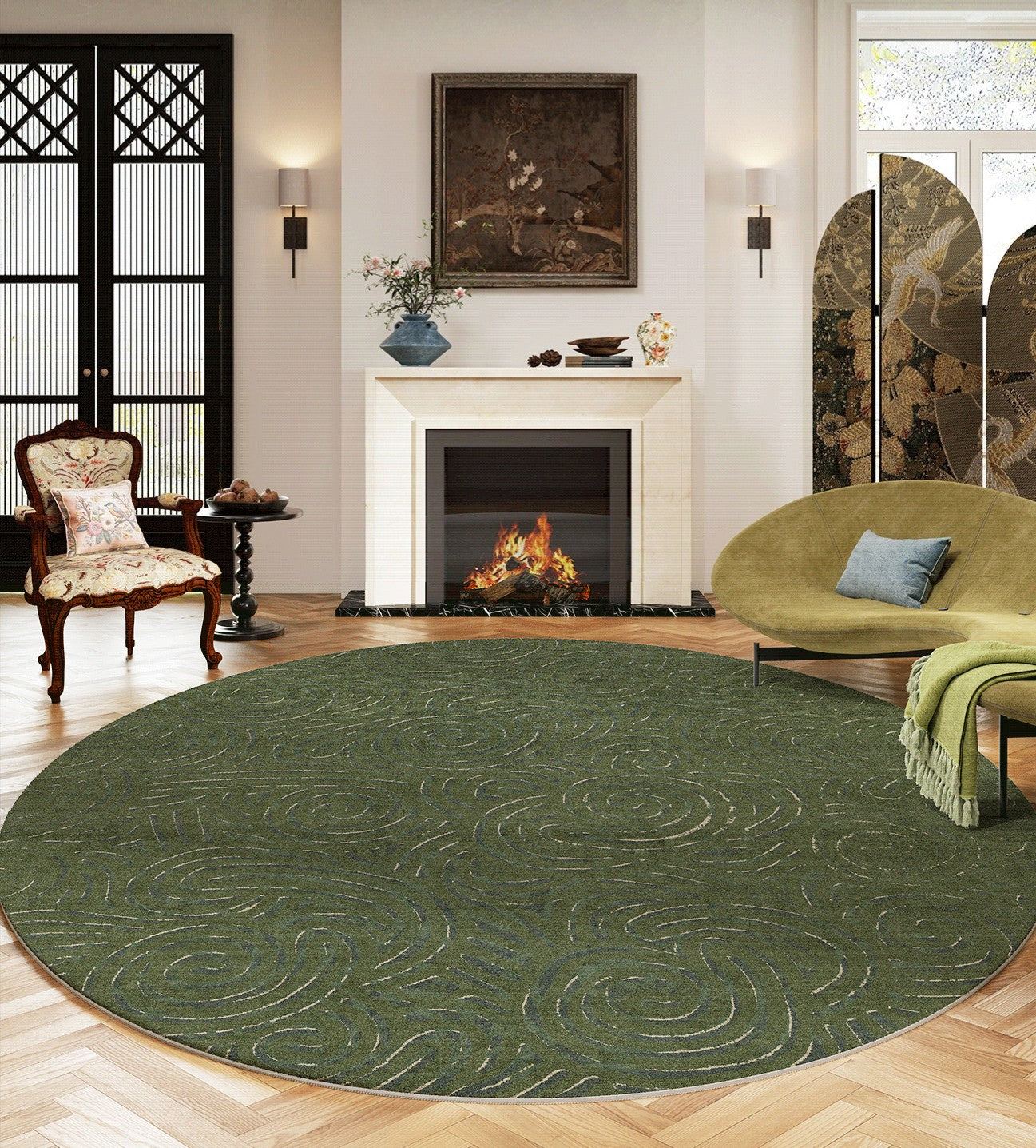 Bedroom Abstract Modern Area Rugs, Green Contemporary Modern Rugs, Geometric Round Rugs for Dining Room, Mid Century Round Modern Rugs under Chairs-ArtWorkCrafts.com