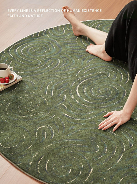 Bedroom Abstract Modern Area Rugs, Green Contemporary Modern Rugs, Geometric Round Rugs for Dining Room, Mid Century Round Modern Rugs under Chairs-ArtWorkCrafts.com