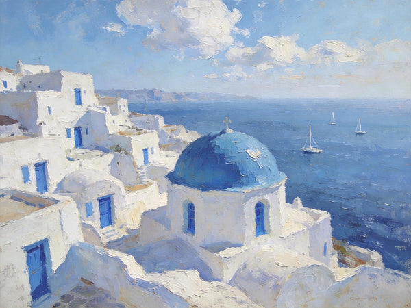Small Landscape Paintings on Canvas, Aegean Breeze and Blue Domes, Original Oil Paintings, Palette Knife Oil Paintings, Landscape Canvas Paintings, Hand Painted Canvas Art-ArtWorkCrafts.com