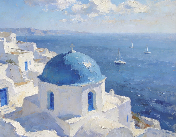 Small Landscape Paintings on Canvas, Aegean Breeze and Blue Domes, Original Oil Paintings, Palette Knife Oil Paintings, Landscape Canvas Paintings, Hand Painted Canvas Art-ArtWorkCrafts.com