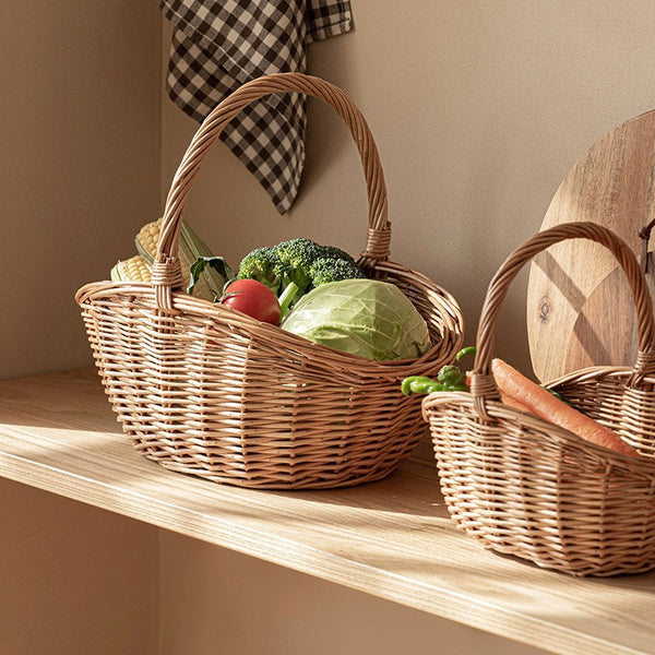 Natural Hand-woven Wicker Storage Basket, Large Picnic Food Basket with Handle, Lovely Willow Weaving Baskets for Vegetable, Natural Fruit Basket, Kitchen Storage Baskets-ArtWorkCrafts.com
