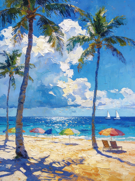 Hand Painted Canvas Wall Art, Palm Trees and Peaceful Seas, Beach Seashore Paintings, Original Artwork, Small Oil Paintings, Heavy Texture Artwork, Small Canvas Paintings-ArtWorkCrafts.com