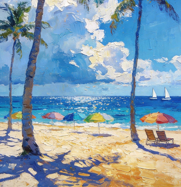 Hand Painted Canvas Wall Art, Palm Trees and Peaceful Seas, Beach Seashore Paintings, Original Artwork, Small Oil Paintings, Heavy Texture Artwork, Small Canvas Paintings-ArtWorkCrafts.com