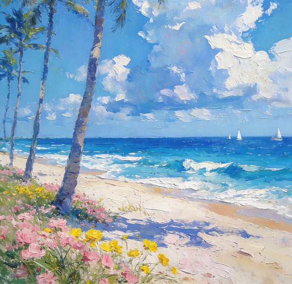 Sandy Shores and Palm Trees, Beach Palm Tree Paintings, Original Artwork, Seashore Painting, Small Oil Paintings, Hand Painted Canvas Wall Art, Heavy Texture Artwork, Small Canvas Paintings-ArtWorkCrafts.com