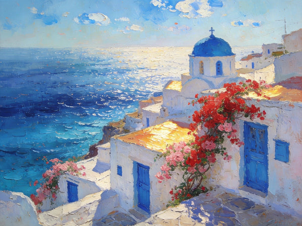 Floral Vines and Maritime Blues, Aegean Blue Domes, On Canvas Small Paintings, Hand Painted Canvas Art, Small Landscape Paintings, Landscape Wall Art Paintings, Original Oil Paintings-ArtWorkCrafts.com