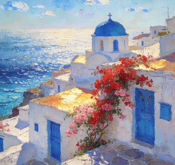 Floral Vines and Maritime Blues, Aegean Blue Domes, On Canvas Small Paintings, Hand Painted Canvas Art, Small Landscape Paintings, Landscape Wall Art Paintings, Original Oil Paintings-ArtWorkCrafts.com