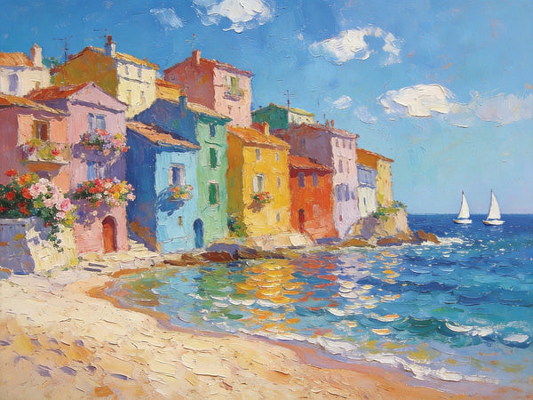 Palette Knife Oil Paintings, Seashore Town Tranquility, Original Oil Paintings, Small Landscape Paintings on Canvas, Landscape Canvas Paintings, Hand Painted Canvas Art-ArtWorkCrafts.com