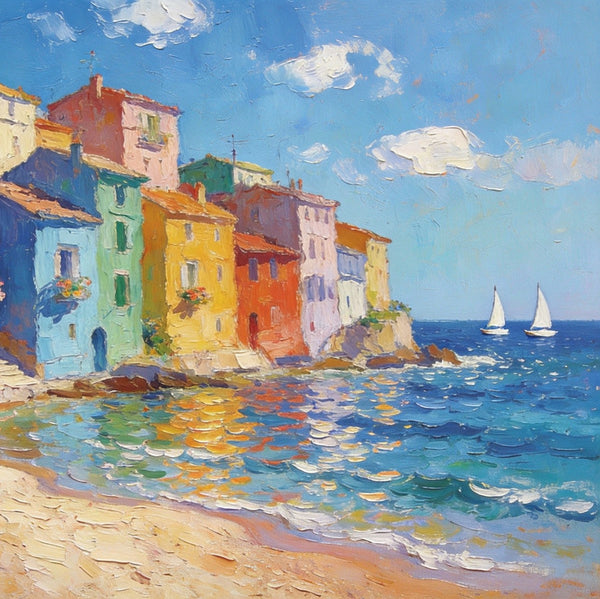 Palette Knife Oil Paintings, Seashore Town Tranquility, Original Oil Paintings, Small Landscape Paintings on Canvas, Landscape Canvas Paintings, Hand Painted Canvas Art-ArtWorkCrafts.com