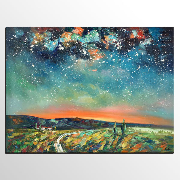Abstract Landscape Oil Painting, Starry Night Sky Painting, Custom Large Canvas Painting, Heavy Texture Painting