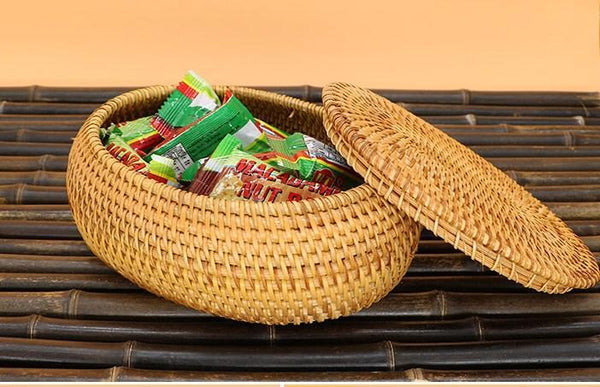 Storage Basket for Kitchen, Small Rattan Storage Basket, Round Storage Basket with Lid, Pantry Storage Ideas-ArtWorkCrafts.com