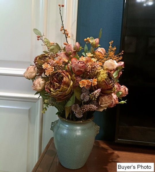 Beautiful Peony Rose Flowers Arrangement Interior Design, Large Faux Silk Floral Bouquet, Modern Artificial Floral Arrangement for Bedroom-ArtWorkCrafts.com