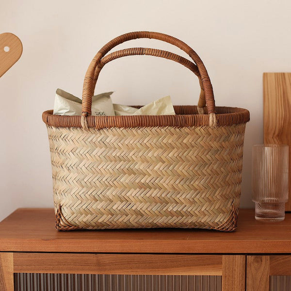 Storage Basket with Handle, Large Kitchen Storage Baskets, Natural Hand-woven Bamboo Storage Basket, Lovely Bamboo Weaving Baskets for Vegetable, Picnic Fruit Storage Baskets-ArtWorkCrafts.com