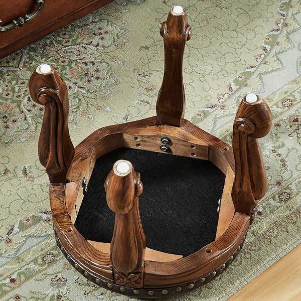 Genuine Leather Solid Wood Entry Bench, Vintage Round Stool, Solid Wood Ottoman, Rubberwood Entry Bench, Vanity Stool-ArtWorkCrafts.com