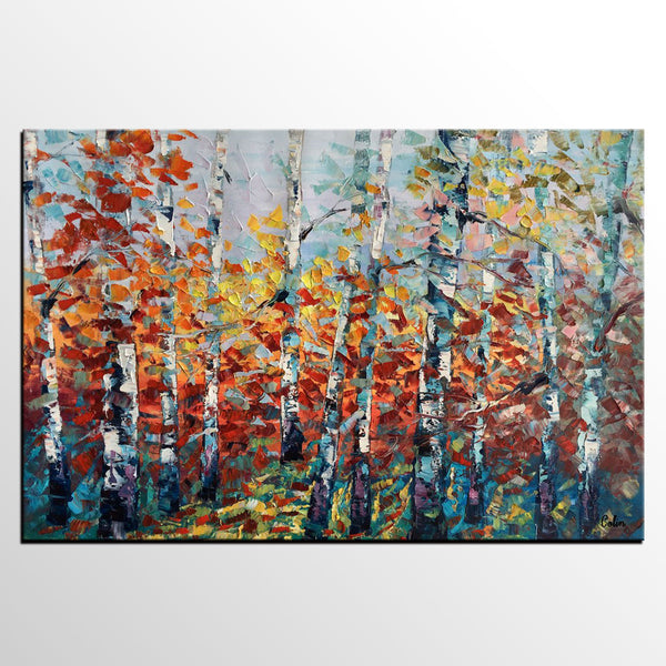 Landscape Painting, Autumn Forest Tree Painting, Canvas Wall Art, Custom Extra Large Art, Abstract Oil Painting, Original Painting