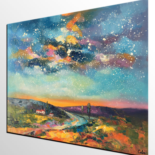 Custom Large Landscape Painting, Starry Night Sky Painting, Living Room Wall Art, Canvas Painting, Impasto Art, Oil Painting