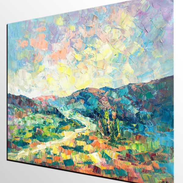 Canvas Painting, Heavy Texture Artwork, Spring Mountain Painting, Custom Landscape Oil Painting