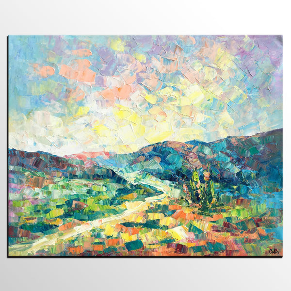 Canvas Painting, Heavy Texture Artwork, Spring Mountain Painting, Custom Landscape Oil Painting