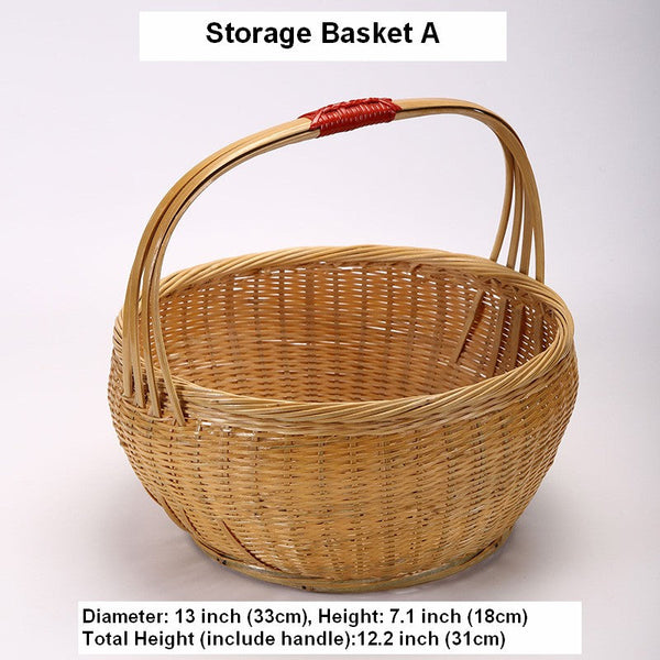 Natural Hand-woven Bamboo Basket, Extra Large Picnic Food Basket with Handle, Lovely Bamboo Baskets for Vegetable, Natural Fruit Basket Kitchen Storage Baskets-ArtWorkCrafts.com