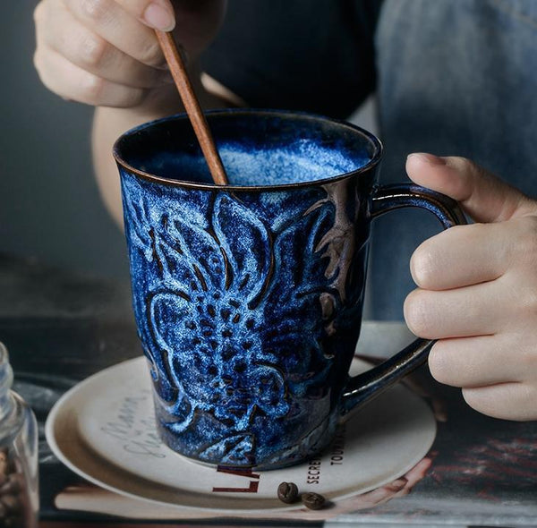 Green Ceramic Coffee Mug, Birthday Gifts, Stoneware Coffee Mugs, Handmade Pottery Coffee Mug, Large Capacity Coffee Cups-ArtWorkCrafts.com