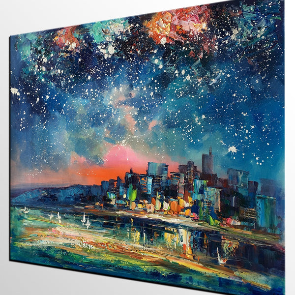 Abstract Oil Painting for Sale, Sail Boat under Starry Night Sky Painting, Custom Original Painting, Landscape Painting