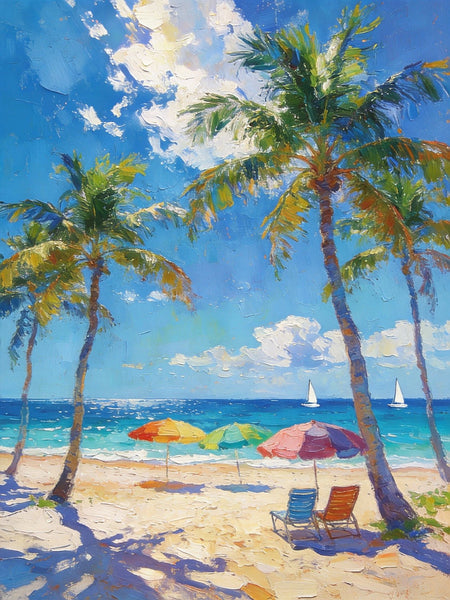 Seaside Relaxation Spot, Seashore Painting, Beach Palm Tree Paintings, Original Artwork, Small Oil Paintings, Hand Painted Canvas Art, Heavy Texture Wall Art Paintings, Small Paintings On Canvas-ArtWorkCrafts.com