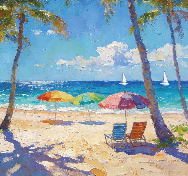 Seaside Relaxation Spot, Seashore Painting, Beach Palm Tree Paintings, Original Artwork, Small Oil Paintings, Hand Painted Canvas Art, Heavy Texture Wall Art Paintings, Small Paintings On Canvas-ArtWorkCrafts.com