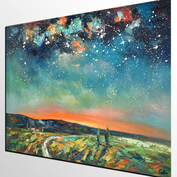 Abstract Landscape Oil Painting, Starry Night Sky Painting, Custom Large Canvas Painting, Heavy Texture Painting