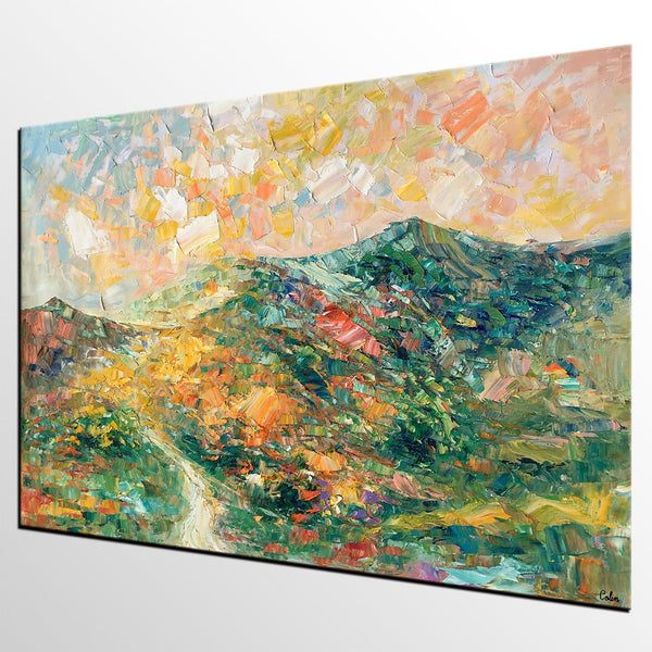 Large Oil Painting, Autumn Mountain Landscape Painting, Custom Abstract Painting, Heavy Texture Painting-ArtWorkCrafts.com