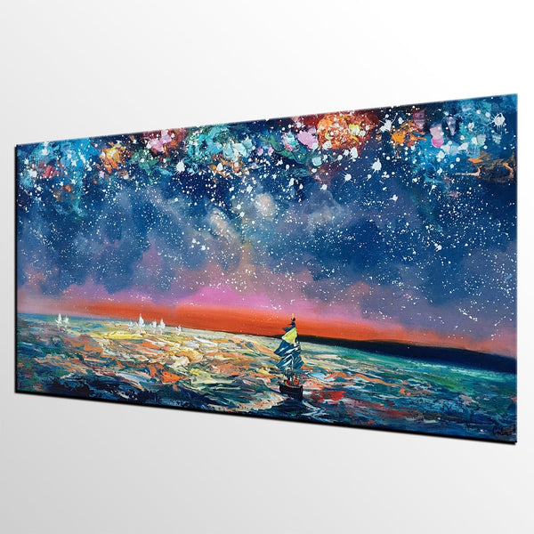 Canvas Wall Art, Sail Boad under Starry Night Painting, Seascape Painting, Custom Large Canvas Wall Art, Original Artwork