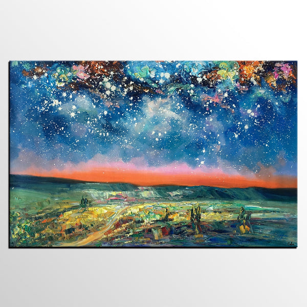 Landacape Canvas Painting, Starry Night Sky Painting, Original Landscape Painting, Heavy Texture Art Painting, Palette Knife Painting