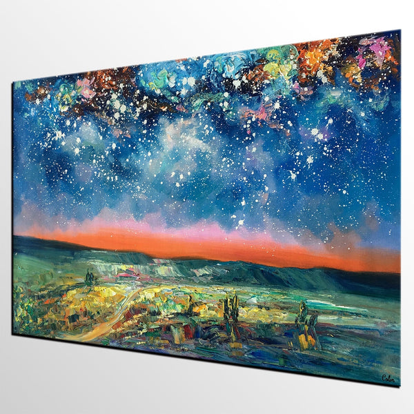 Landacape Canvas Painting, Starry Night Sky Painting, Original Landscape Painting, Heavy Texture Art Painting, Palette Knife Painting
