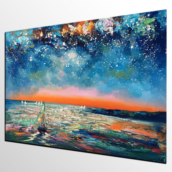 Canvas Painting Landscape, Oil Painting on Canvas, Sail Boat under Starry Night Sky Painting, Custom Art, Landscape Painting for Living Room