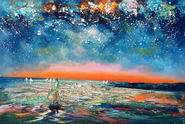 Canvas Painting Landscape, Oil Painting on Canvas, Sail Boat under Starry Night Sky Painting, Custom Art, Landscape Painting for Living Room