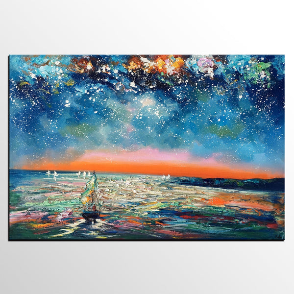 Canvas Painting Landscape, Oil Painting on Canvas, Sail Boat under Starry Night Sky Painting, Custom Art, Landscape Painting for Living Room-ArtWorkCrafts.com