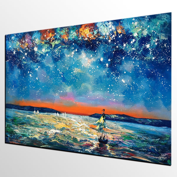 Large Canvas Art Painting, Sail Boat under Starry Night Painting, Custom Large Oil Painting