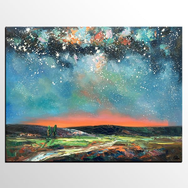 Landscape Canvas Painting, Starry Night Sky Painting, Hand Painted Canvas Art Painting, Landscape Painting for Bedroom, Custom Canvas Painting for Sale