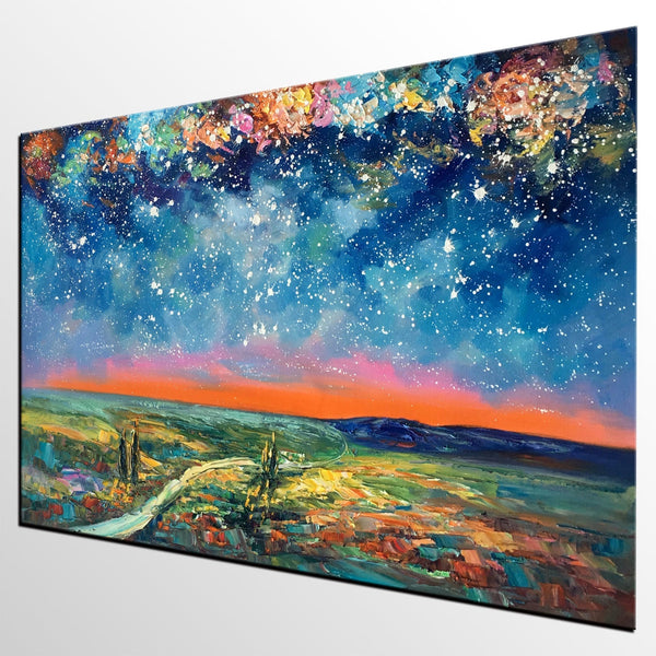 Large Canvas Art Painting, Starry Night Landscape Painting, Custom Large Oil Painting-ArtWorkCrafts.com
