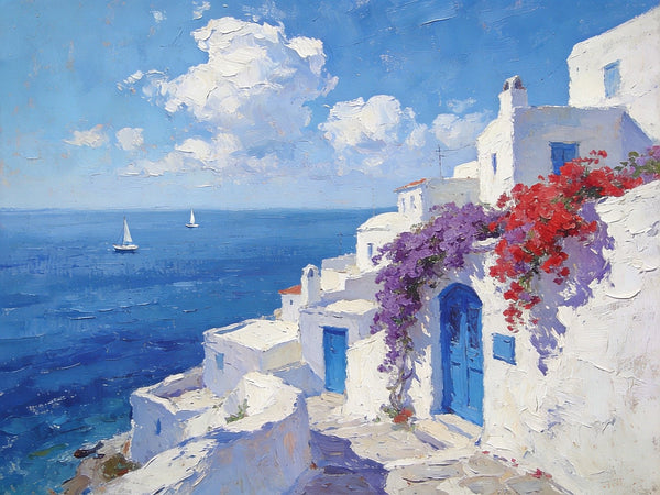Original Oil Paintings, Santorini's Coastal Serenity, Small Landscape Paintings on Canvas, Palette Knife Wall Art, Landscape Oil Paintings, Hand Painted Canvas Artwork-ArtWorkCrafts.com