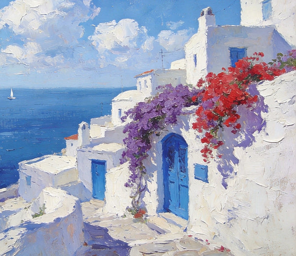 Original Oil Paintings, Santorini's Coastal Serenity, Small Landscape Paintings on Canvas, Palette Knife Wall Art, Landscape Oil Paintings, Hand Painted Canvas Artwork-ArtWorkCrafts.com