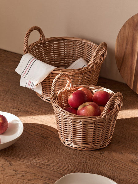 Large Picnic Fruit Basket with Handle, Natural Hand-woven Wicker Round Storage Basket, Lovely Willow Weaving Baskets for Vegetable, Natural Fruit Storage Basket, Kitchen Storage Baskets-ArtWorkCrafts.com