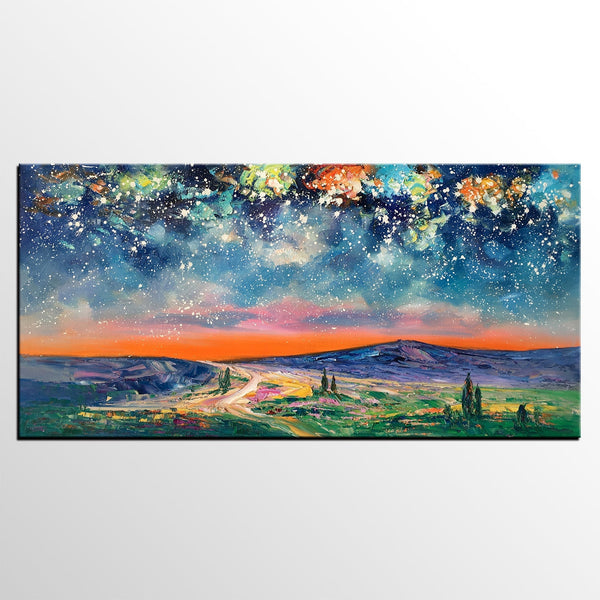 Landscape Oil Painting, Starry Night Sky Painting, Bedroom Wall Art Paintings, Custom Original Painting on Canvas
