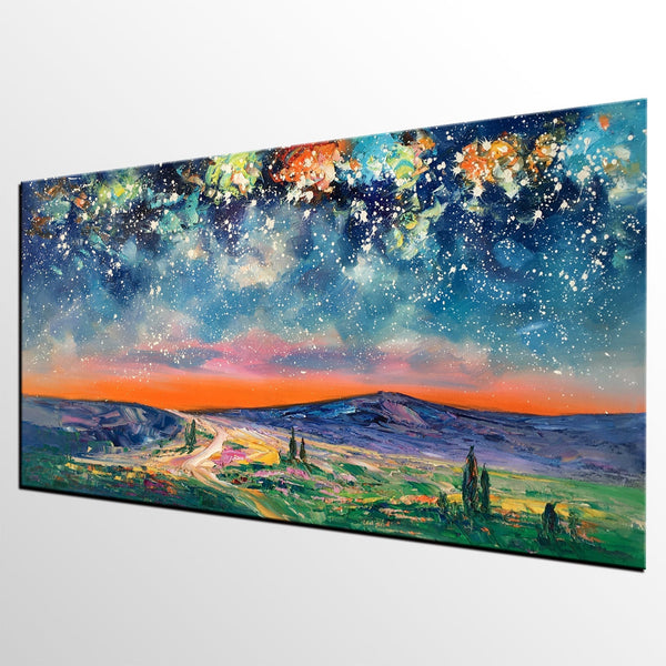 Landscape Oil Painting, Starry Night Sky Painting, Bedroom Wall Art Paintings, Custom Original Painting on Canvas