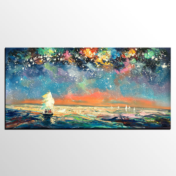 Palette Knife Painting, Impasto Painting, Starry Night Sky Painting, Landscape Canvas Painting for Dining Room, Custom Large Original Painting