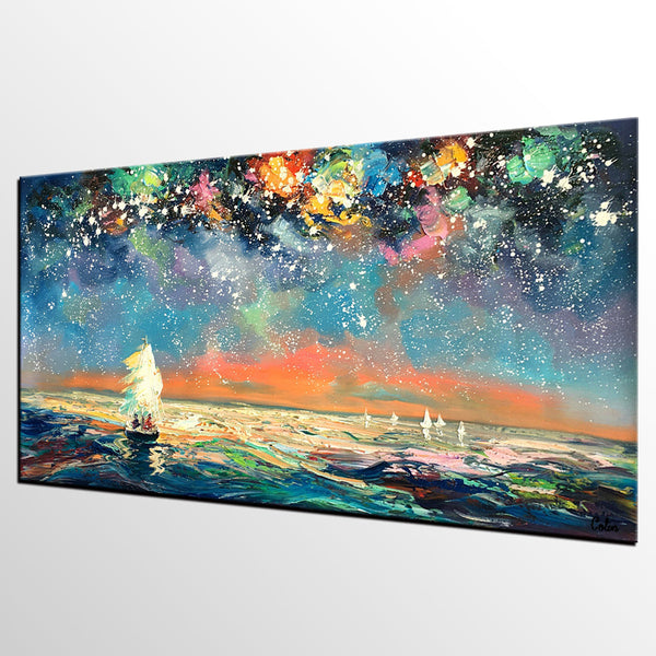 Palette Knife Painting, Impasto Painting, Starry Night Sky Painting, Landscape Canvas Painting for Dining Room, Custom Large Original Painting