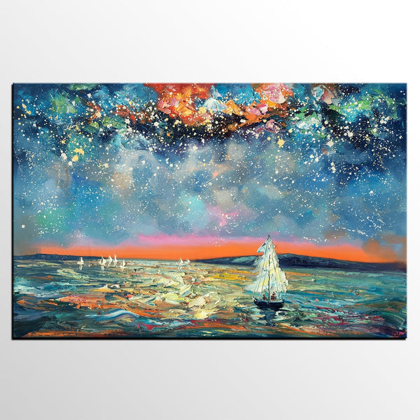 Large Canvas Art Painting, Custom Large Oil Painting, Sail Boat under Starry Night Painting